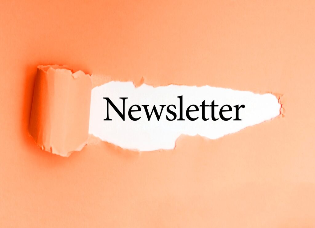 Word Newsletter on a white background of torn colored paper.