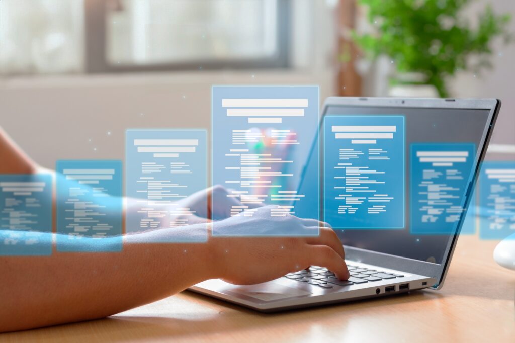 Man completing a checklist of online digital forms for assessing business performance.