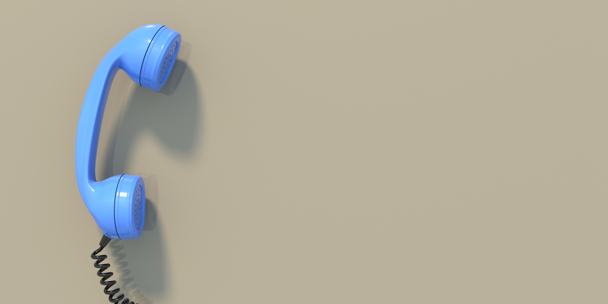 Retro telephone, blue old phone handset on beige wall background, copy space. 3d illustration